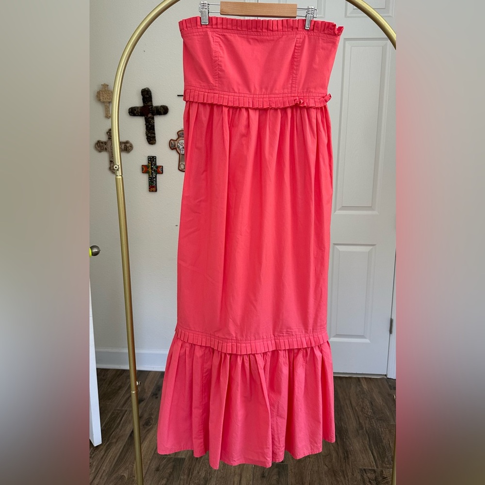 Strapless Coral Midi Dress with Ruffle Trim